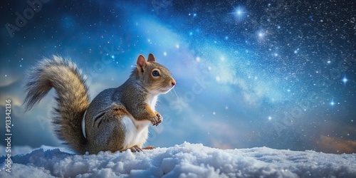 Fototapeta Naklejka Na Ścianę i Meble -  Squirrel sitting in snow with luminous stars in night sky , Winter, animal, cute, wildlife, nature, cold, sky, stars