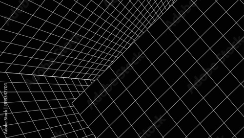 3D wireframe grid room background.