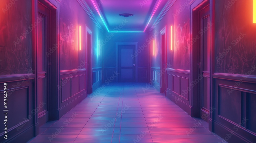A vibrant, neon-lit hallway with colorful lights. Ideal for depicting mystery and modern aesthetics in creative projects. A vibrant, neon-lit hallway with colorful lights. Ideal for depicting mystery and modern aesthetics in creative projects.