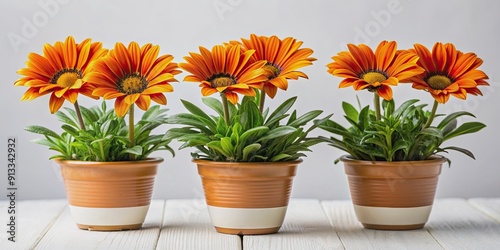 Bright orange gazania flowers displayed in modern pots, isolated on background, gazania, flowers, orange, bright, stylish