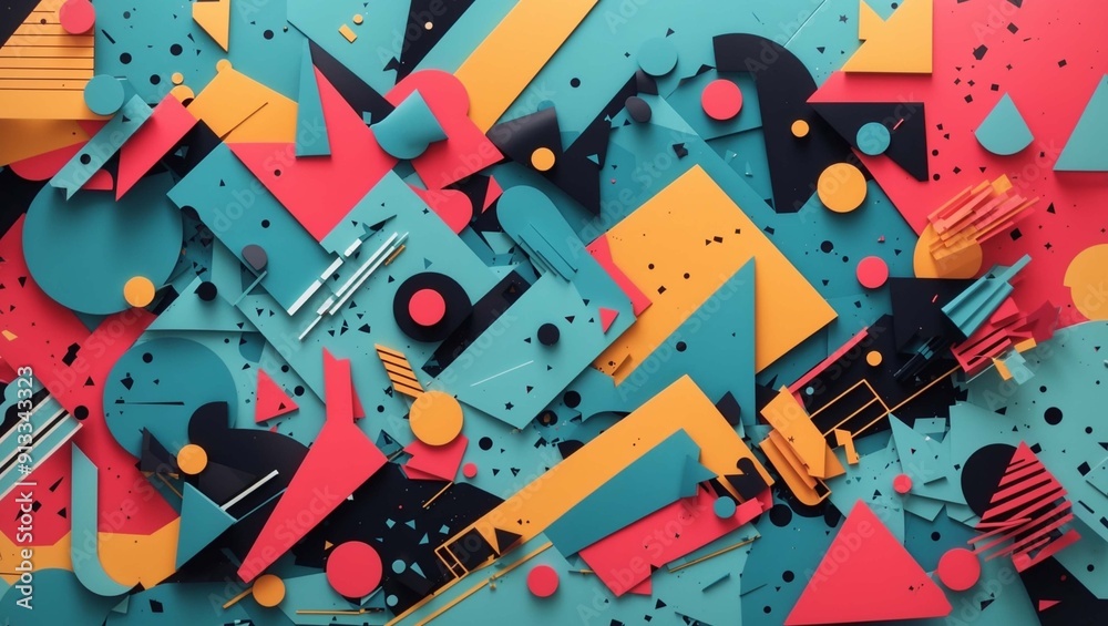 Abstract design with geometric shapes in blue, red, yellow, and black. Abstract design with geometric shapes in blue, red, yellow, and black.
