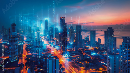 Wallpaper Mural Smart digital city with connection network reciprocity over the cityscape . Concept of future smart wireless digital city and social media networking systems that connects people within the city Torontodigital.ca