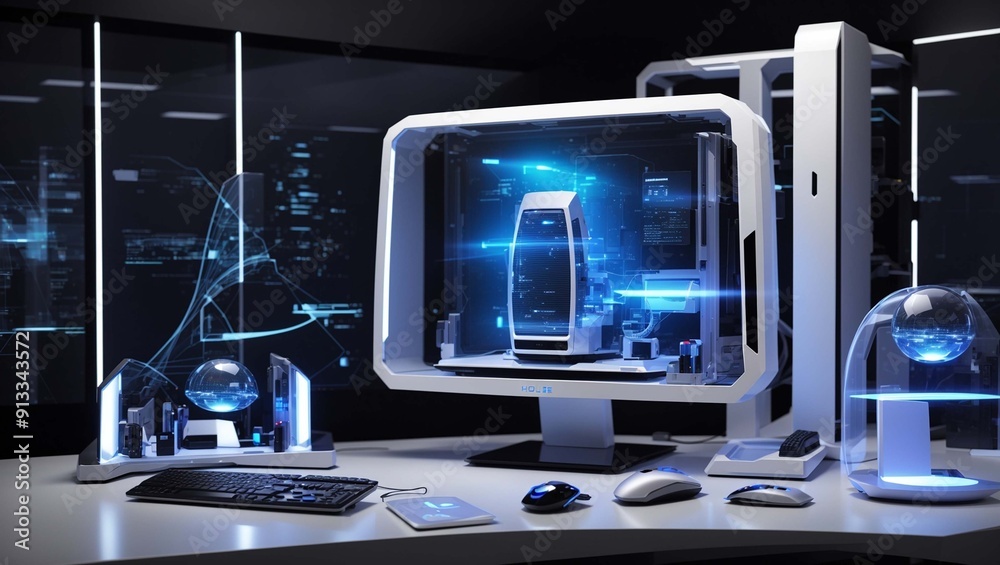 Fototapeta premium A computer desk with a monitor, speakers, keyboard, and mouse. It has a large tower with blue lights.