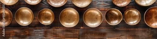 Top view of bronze singing bowls on a wooden table for meditation and music therapy