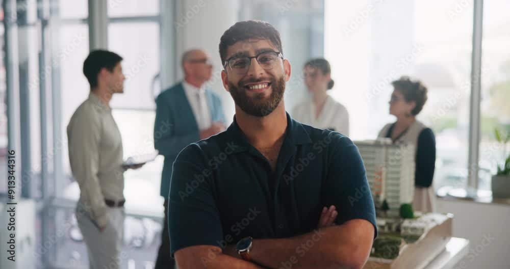 Man, face and confident in office with meeting for industrial architecture with model, 3d design and professional for job. Employee, portrait and arms crossed for project management and construction. Man, face and confident in office with meeting for industrial architecture with model, 3d design and professional for job. Employee, portrait and arms crossed for project management and construction.