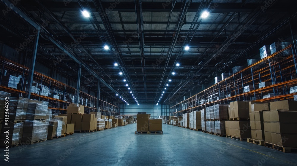 Empty Industrial Warehouse with Cardboard Boxes and Shelving Empty Industrial Warehouse with Cardboard Boxes and Shelving