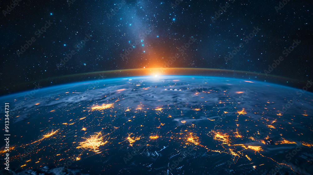 planet Earth from space with the sun over the horizon