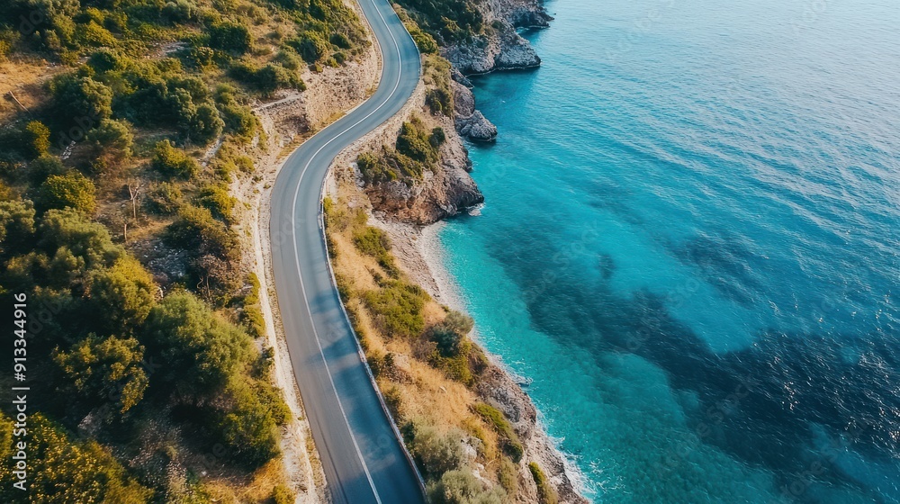 Aerial View of Coastal Road Winding Along the Turquoise Sea