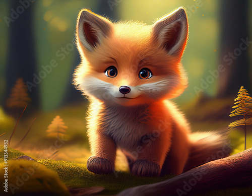 cute red fox puppy alone in the magical forest in day photo