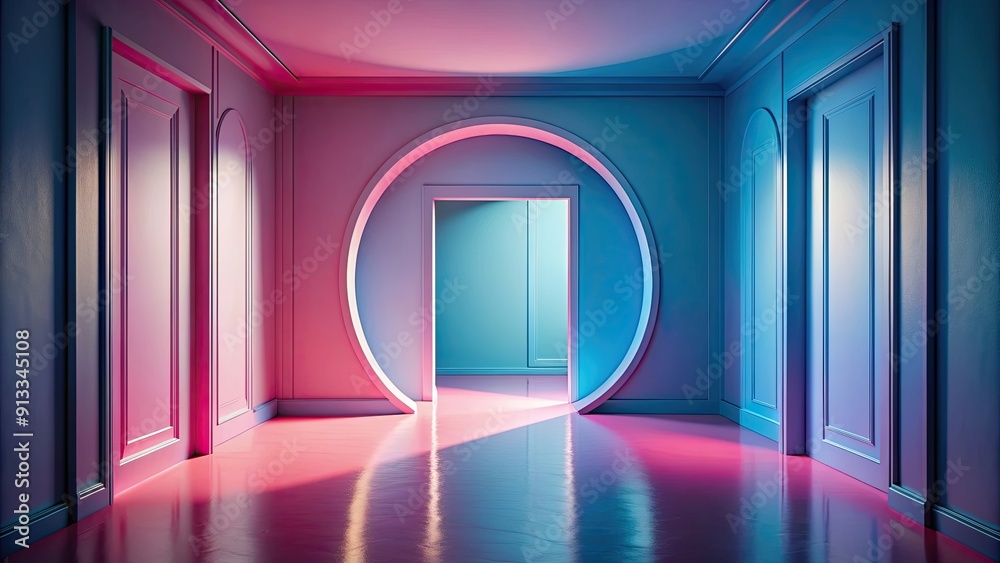 Surreal room with circular doorway, pink and blue tones, surreal room, circular doorway, pink, blue, tones Surreal room with circular doorway, pink and blue tones, surreal room, circular doorway, pink, blue, tones
