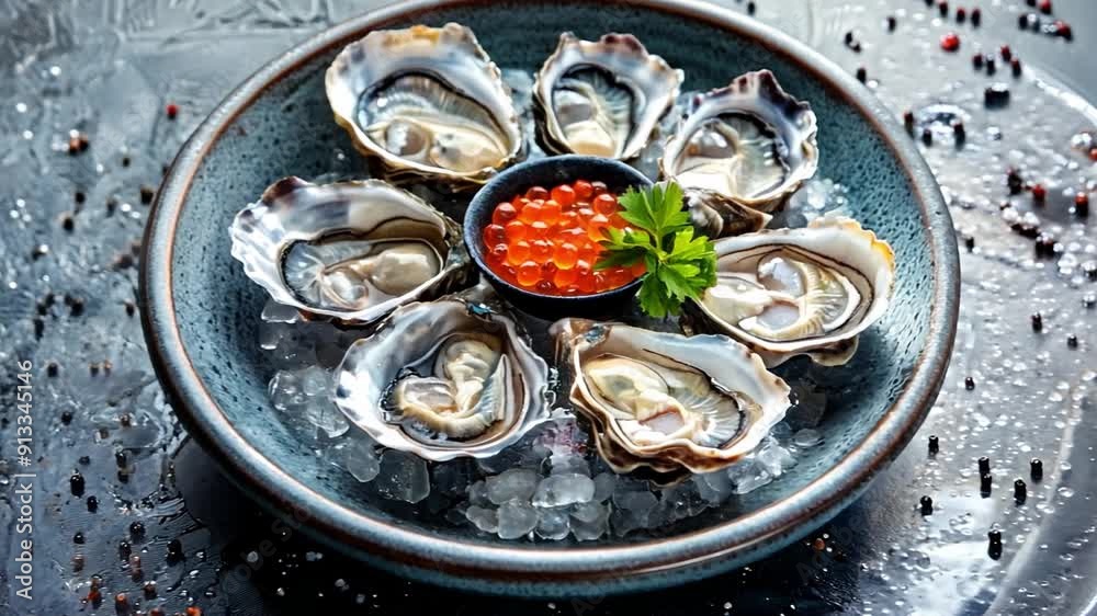 A blue bowl displays fresh oysters on ice, elegantly garnished with caviar and a sprig of parsley, surrounded by a sprinkle of spices. A blue bowl displays fresh oysters on ice, elegantly garnished with caviar and a sprig of parsley, surrounded by a sprinkle of spices.
