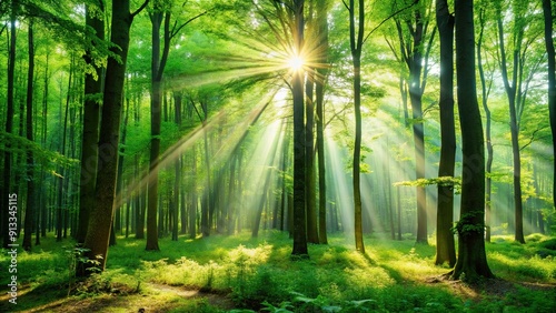 Lush green forest with sun rays shining through the trees, symbolizing nature's embrace, nature, embrace, forest, trees