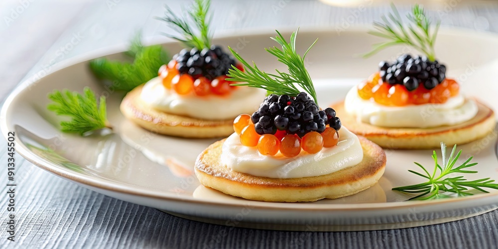 An elegant canap? with caviar, cr?me fra?che, and dill on a blini on a porcelain plate, canap?, elegant, caviar, cr?me fra?che An elegant canap? with caviar, cr?me fra?che, and dill on a blini on a porcelain plate, canap?, elegant, caviar, cr?me fra?che