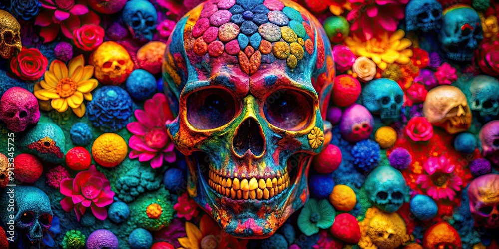 Fototapeta premium Bright and colorful skull texture , vibrant, colorful, skull, pattern, texture, colorful, bright, abstract, neon, vibrant