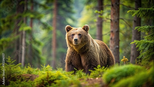 Brown bear roaming through lush forest habitat, wildlife, nature, animal, predator, tree, foliage, wilderness, mammal