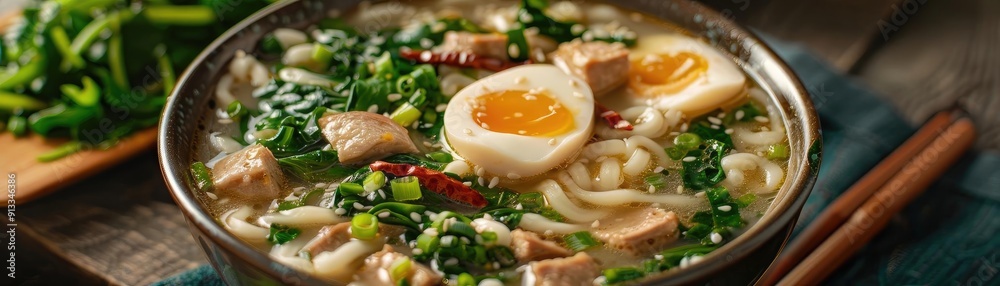 A close-up of a delicious bowl of ramen soup featuring fresh ingredients, perfectly boiled egg, and vibrant greens. A close-up of a delicious bowl of ramen soup featuring fresh ingredients, perfectly boiled egg, and vibrant greens.