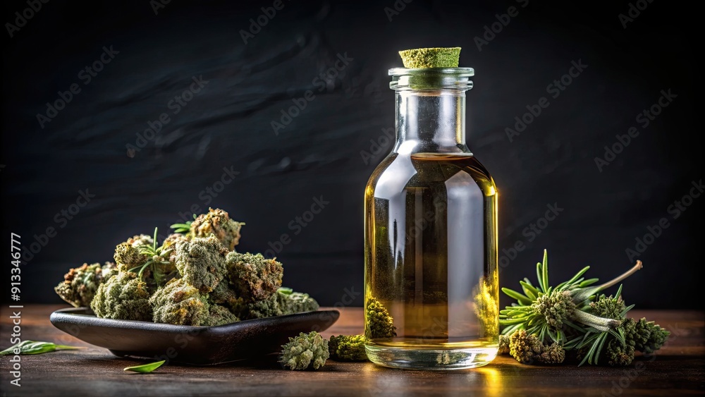 Still life composition of dried marijuana buds and cannabis infused olive oil in a glass bottle on a black background Still life composition of dried marijuana buds and cannabis infused olive oil in a glass bottle on a black background