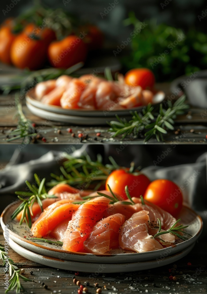 Fresh Salmon Slices With Herbs and Citrus in Kitchen Fresh Salmon Slices With Herbs and Citrus in Kitchen