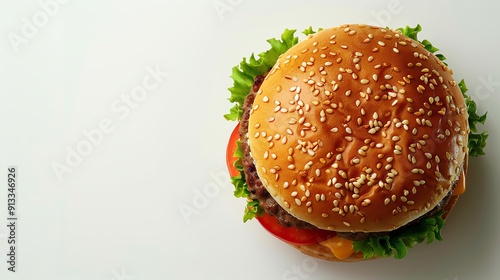Wallpaper Mural A delicious cheeseburger with lettuce, tomato, and sesame seed bun on a white background. Perfect for food advertisements or menu designs. Torontodigital.ca