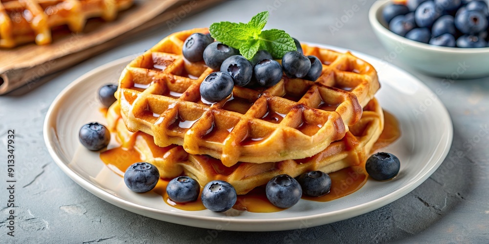 Plate of delicious waffles topped with fresh blueberries and drizzled with syrup, waffles, blueberries, syrup, breakfast, tasty Plate of delicious waffles topped with fresh blueberries and drizzled with syrup, waffles, blueberries, syrup, breakfast, tasty