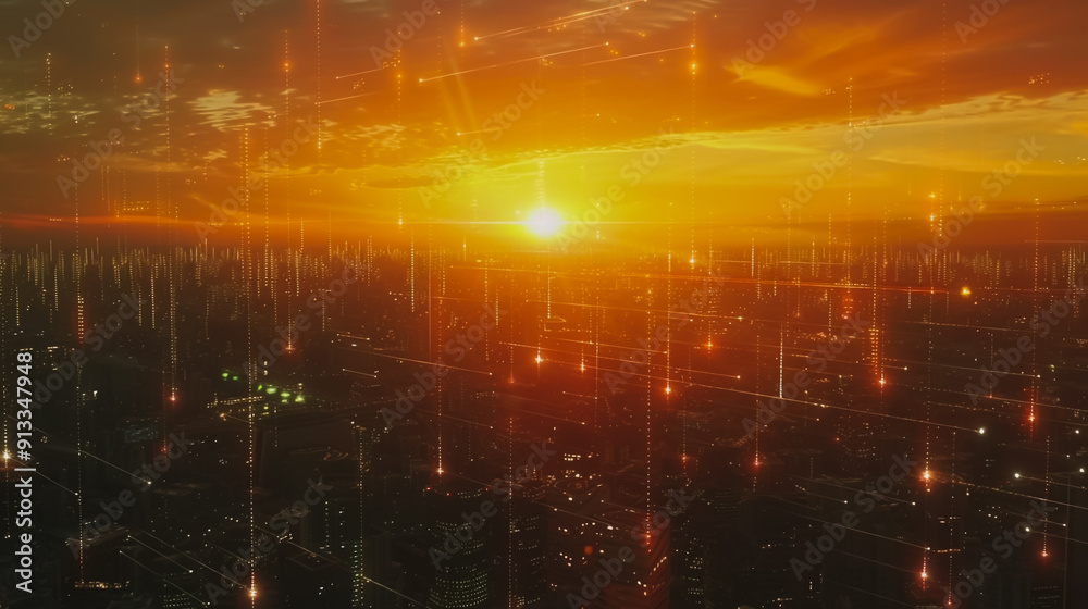 Obraz premium Smart digital Innovation city with connection network reciprocity over the cityscape .Concept of future smart wireless digital city and social media networking systems that people within the city