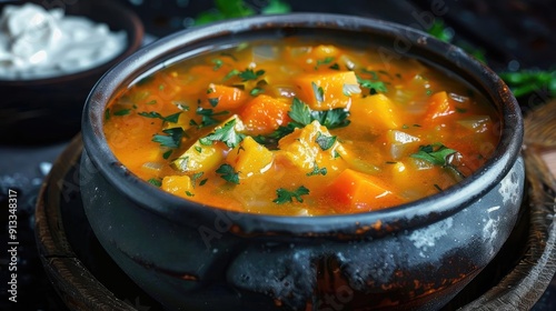 A rich and colorful vegetable soup served in a traditional black bowl, garnished with fresh herbs, perfect for comfort food lovers.