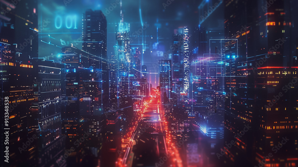 Obraz premium Smart digital Innovation city with connection network reciprocity over the cityscape .Concept of future smart wireless digital city and social media networking systems that people within the city