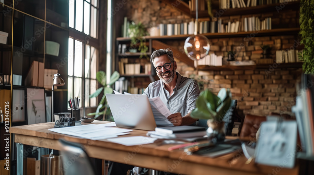 Adult male businessman wearing glasses executive checking holding documents notification, reading good news in paper letter while sitting at his desk in home office Adult male businessman wearing glasses executive checking holding documents notification, reading good news in paper letter while sitting at his desk in home office