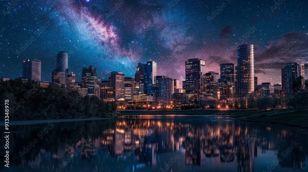 At night, the bustling city skyline is lit up with towering skyscrapers and twinkling city lights reflecting on the nearby river. It shows dazzling stars and cosmic dust in vivid blue and purple color At night, the bustling city skyline is lit up with towering skyscrapers and twinkling city lights reflecting on the nearby river. It shows dazzling stars and cosmic dust in vivid blue and purple color