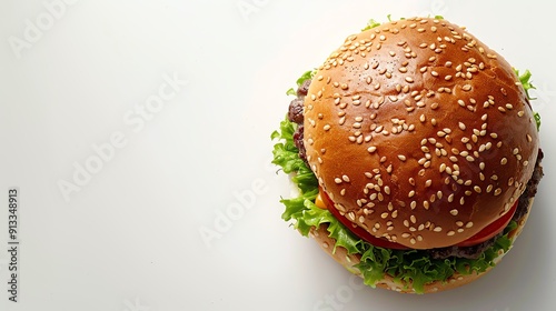 Delicious gourmet burger with lettuce, tomato, and sesame seed bun on white background. Perfect for fast food and culinary images.