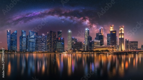 Wallpaper Mural At night, the bustling city skyline is lit up with towering skyscrapers and twinkling city lights reflecting on the nearby river. It shows dazzling stars and cosmic dust in vivid blue and purple color Torontodigital.ca