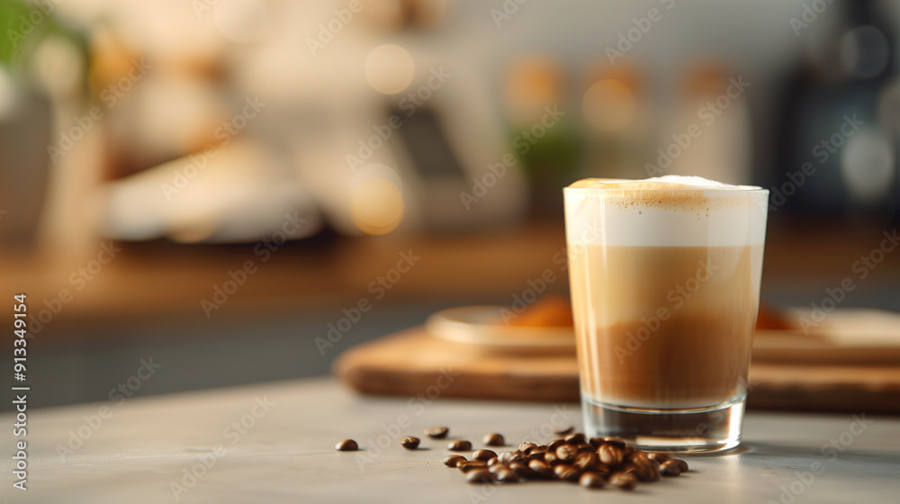 Frothy coffee with layers of espresso and foam, surrounded by coffee beans in a cozy cafe. Frothy coffee with layers of espresso and foam, surrounded by coffee beans in a cozy cafe.