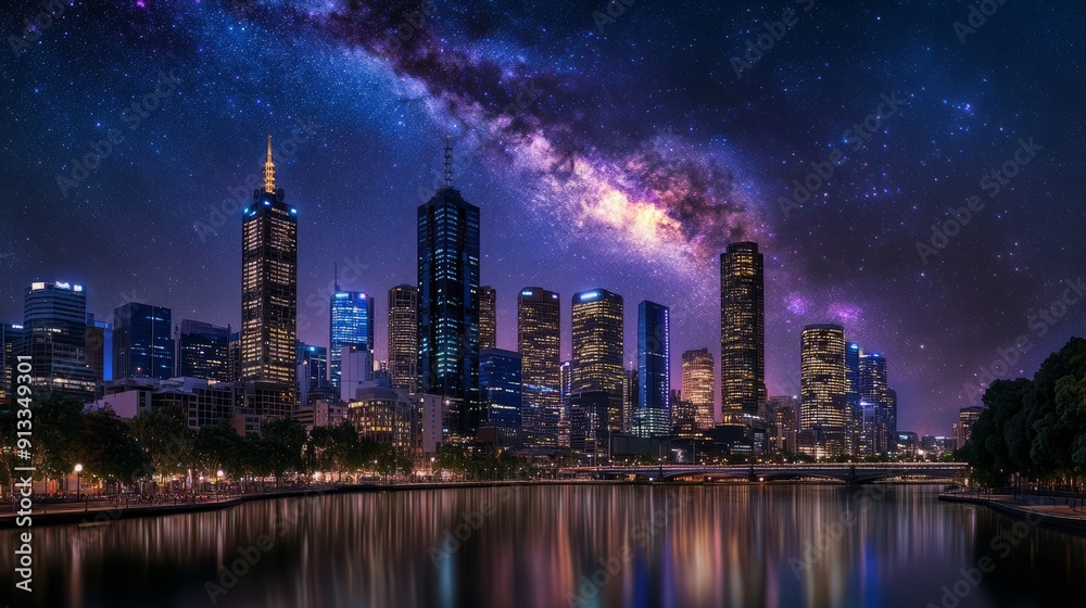 At night, the bustling city skyline is lit up with towering skyscrapers and twinkling city lights reflecting on the nearby river. It shows dazzling stars and cosmic dust in vivid blue and purple color
