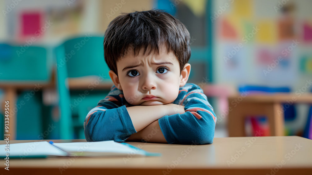 little boy sitting at her desk sad about her first day of school