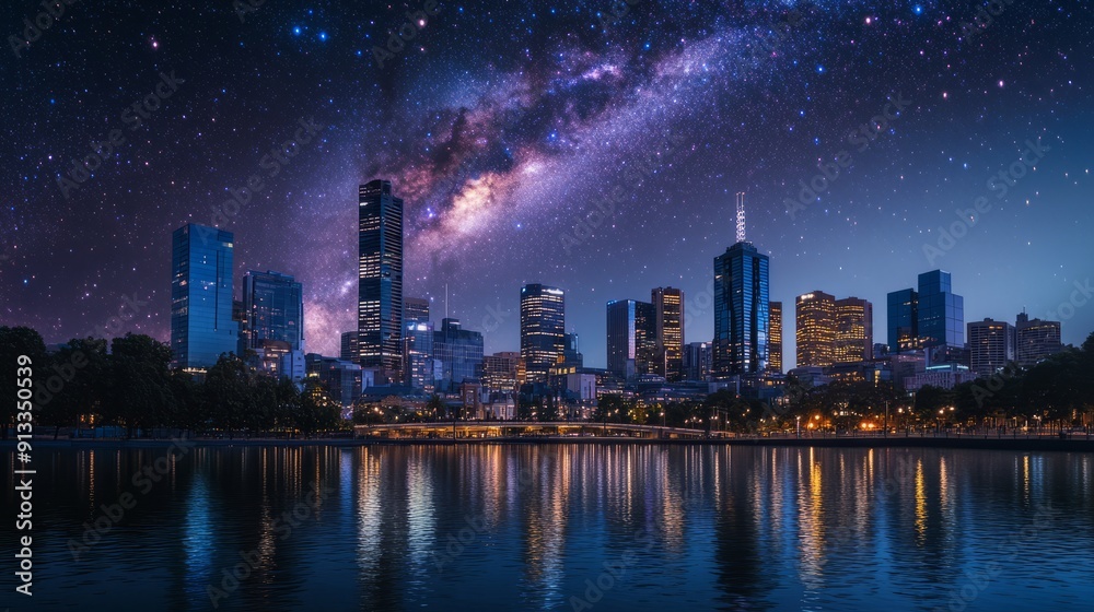 At night, the bustling city skyline is lit up with towering skyscrapers and twinkling city lights reflecting on the nearby river. It shows dazzling stars and cosmic dust in vivid blue and purple color At night, the bustling city skyline is lit up with towering skyscrapers and twinkling city lights reflecting on the nearby river. It shows dazzling stars and cosmic dust in vivid blue and purple color