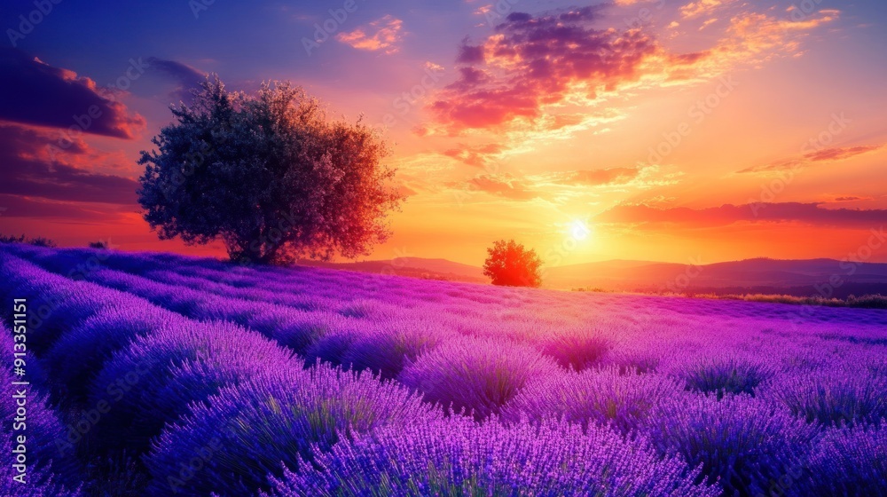Sunset over a Lavender Field Sunset over a Lavender Field
