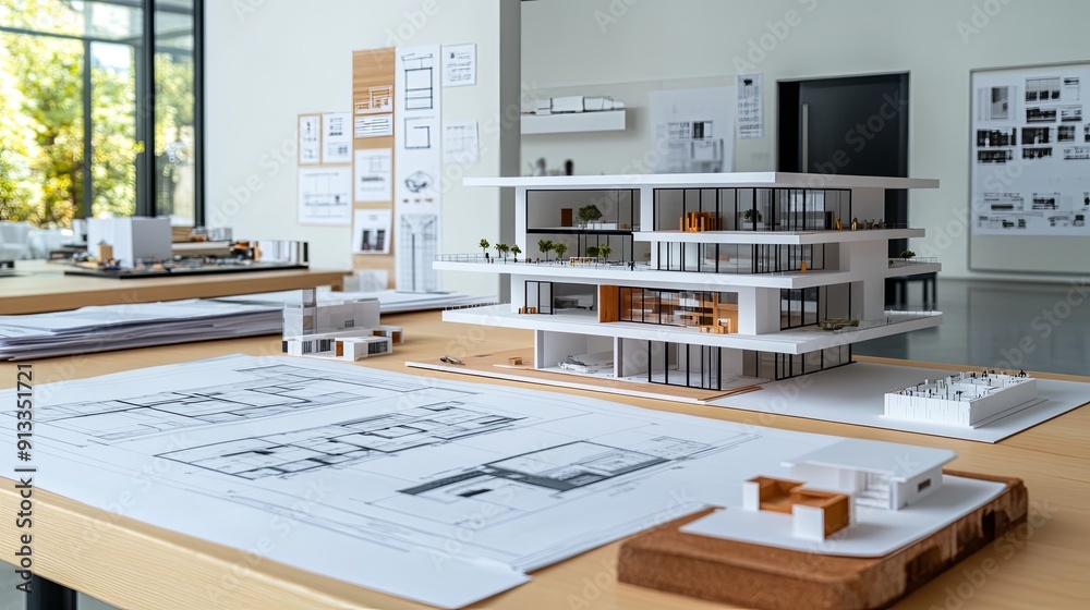 Architectural plans and models on a workbench, more clarity with clear light and sharp focus, high detailed Architectural plans and models on a workbench, more clarity with clear light and sharp focus, high detailed