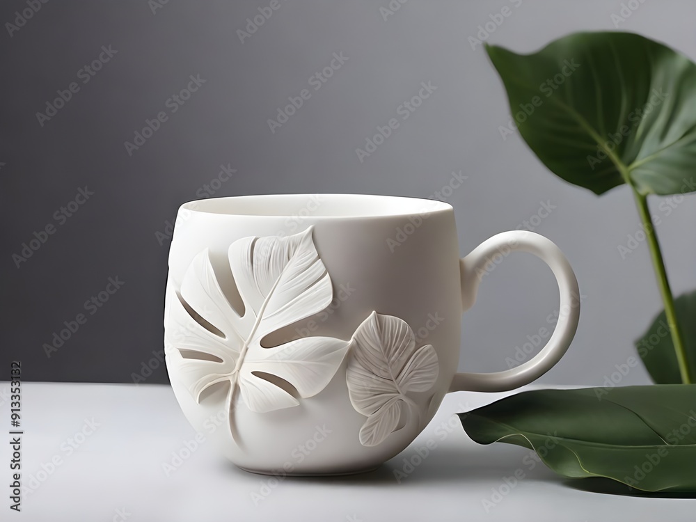 A delicate, white mug cup, mug cup floating cup position, with monstera. The dry leaf decoration, pastel gray, gradient-like softness that evokes a sense of ethereal serenity Generative AI A delicate, white mug cup, mug cup floating cup position, with monstera. The dry leaf decoration, pastel gray, gradient-like softness that evokes a sense of ethereal serenity Generative AI