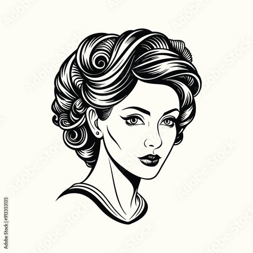 A beautiful vector illustration of a woman with long flowing hair, her face in a stylish profile, adorned with a delicate flower, gazing ahead with captivating eyes