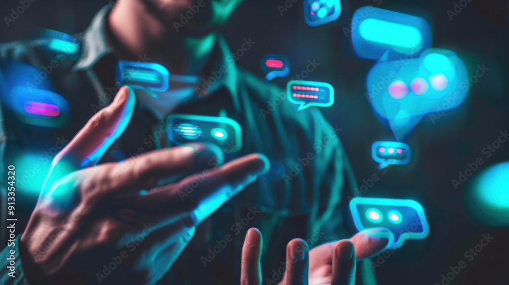 Touching virtual screen to chat with intelligent artificial intelligence, man asking questions, Chatbot, ChatGPT