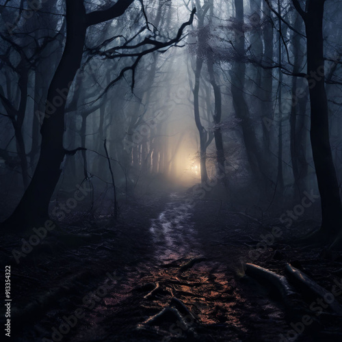 eerie haunted forest with foggy path and Halloween atmosphere