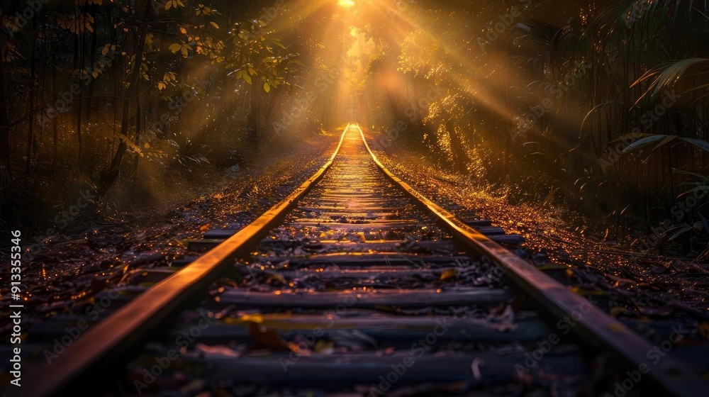 Naklejka premium A tranquil railway track winding through a forest illuminated by warm sunlight, creating a serene and peaceful atmosphere.