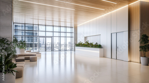 Modern office lobby interior, with white walls and a wood grain ceiling and light grey floor tiles