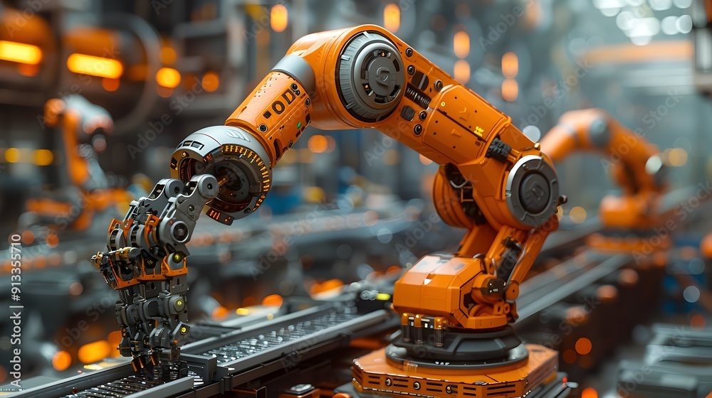 Automated Factory Floor with Efficient Industrial Robots Assembling Products on Conveyor Belts Automated Factory Floor with Efficient Industrial Robots Assembling Products on Conveyor Belts