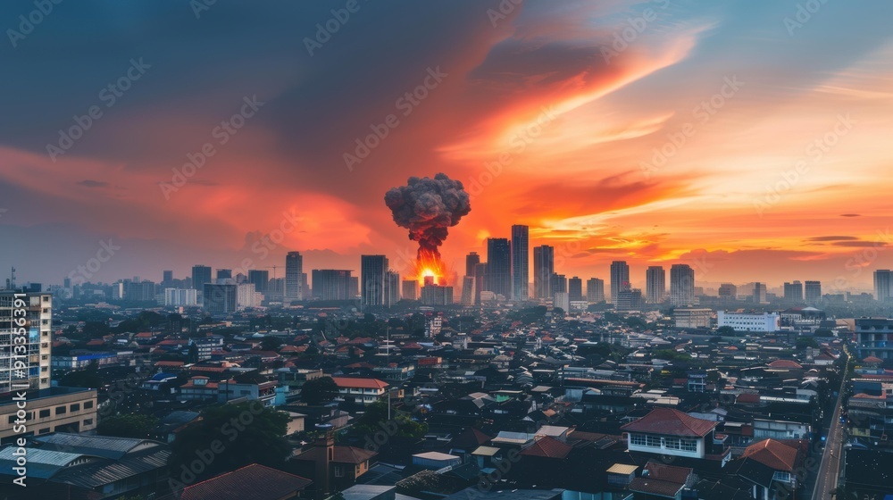 Fototapeta premium A large plume of smoke billows over a city skyline. AI.