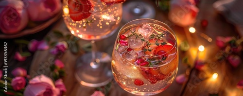 Delicious sparkling cocktail with strawberries and roses, elegantly served in glasses, surrounded by soft glowing lights.