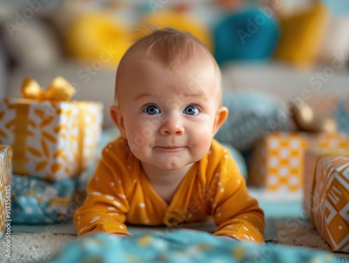 A baby in a yellow onesie looks at the camera with a big smile. AI.