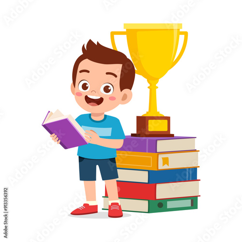 little kid read book and feel happy
