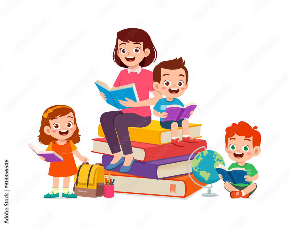 little kid read book together with friend and teacher little kid read book together with friend and teacher