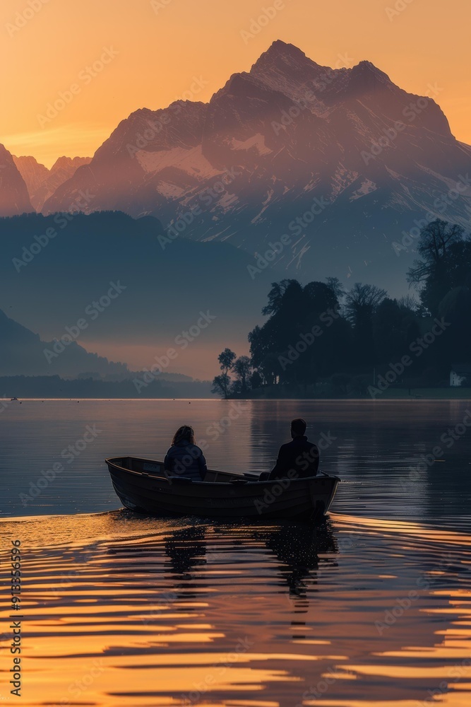 Two people in a boat on a lake at sunset, with mountains in the background. AI. Two people in a boat on a lake at sunset, with mountains in the background. AI.